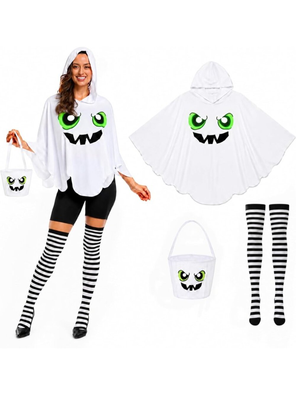 🎃Women's White Halloween Ghost Candy bag and Nylon Striped Socks Party Costume